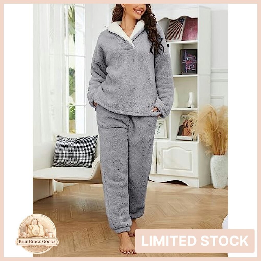 Fluffy Fleece Pajamas Set Cozy Oversized Chic Lounge Wear Pullover Pants - Picture 4 of 8